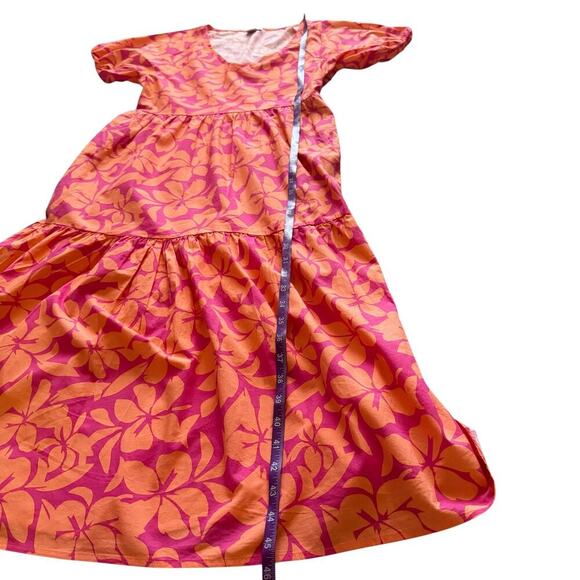 J Crew Dress Womens 4 Pink Orange Floral V Neck Puff Sleeve Tiered Midi Pockets - Picture 14 of 16